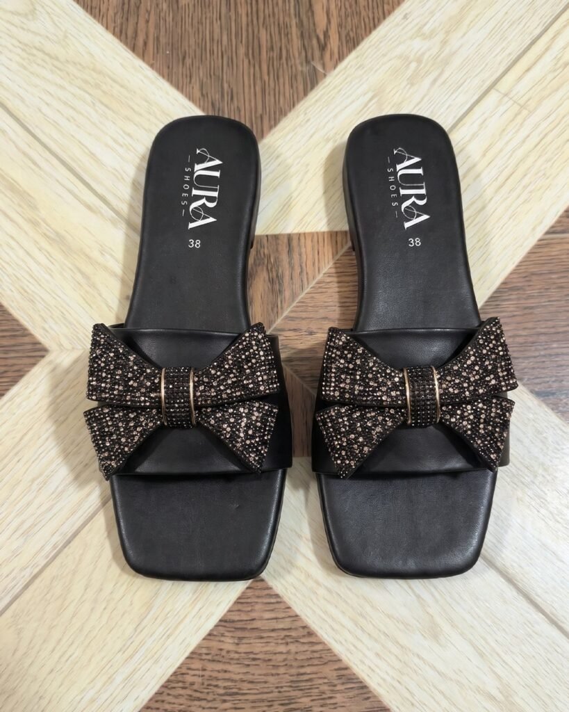 Aura Shoes bow slides — black