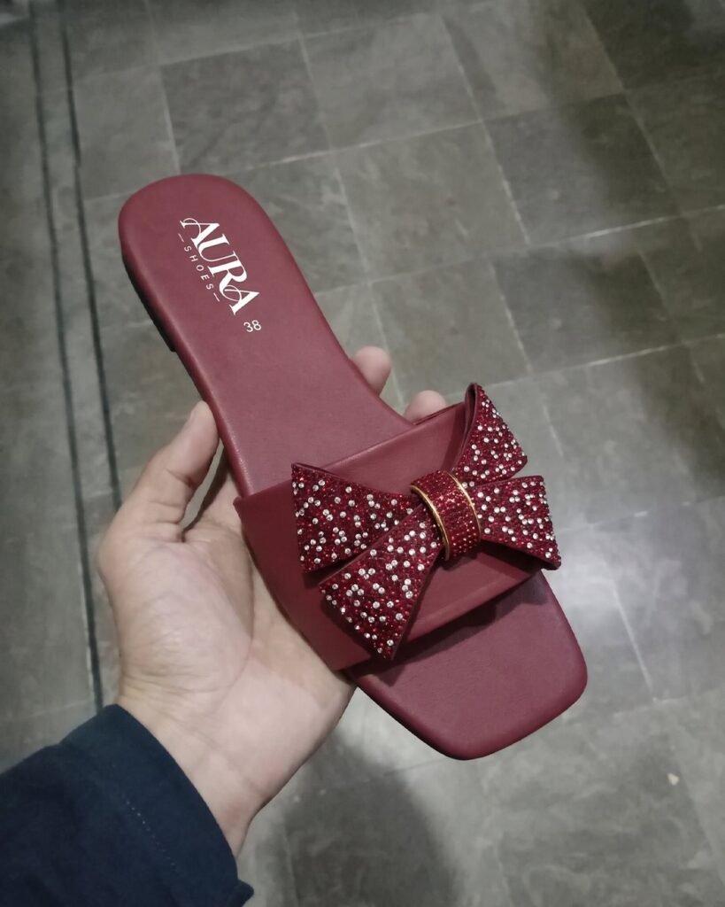 Aura Shoes bow slides — maroon